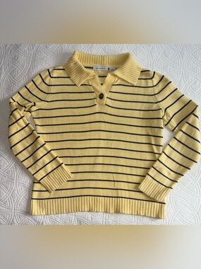 Liz Claiborne Knit Cotton  Yellow Sweater with Navy Stripes Medium